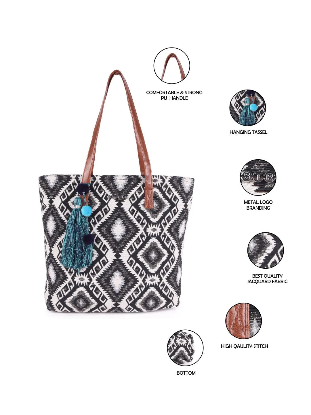 Astrid Women Black Jacquard Shopper Bag With Tassels