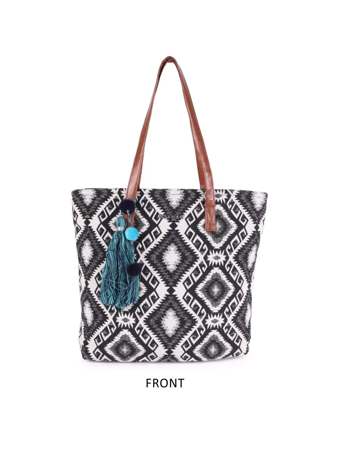 Astrid Women Black Jacquard Shopper Bag With Tassels