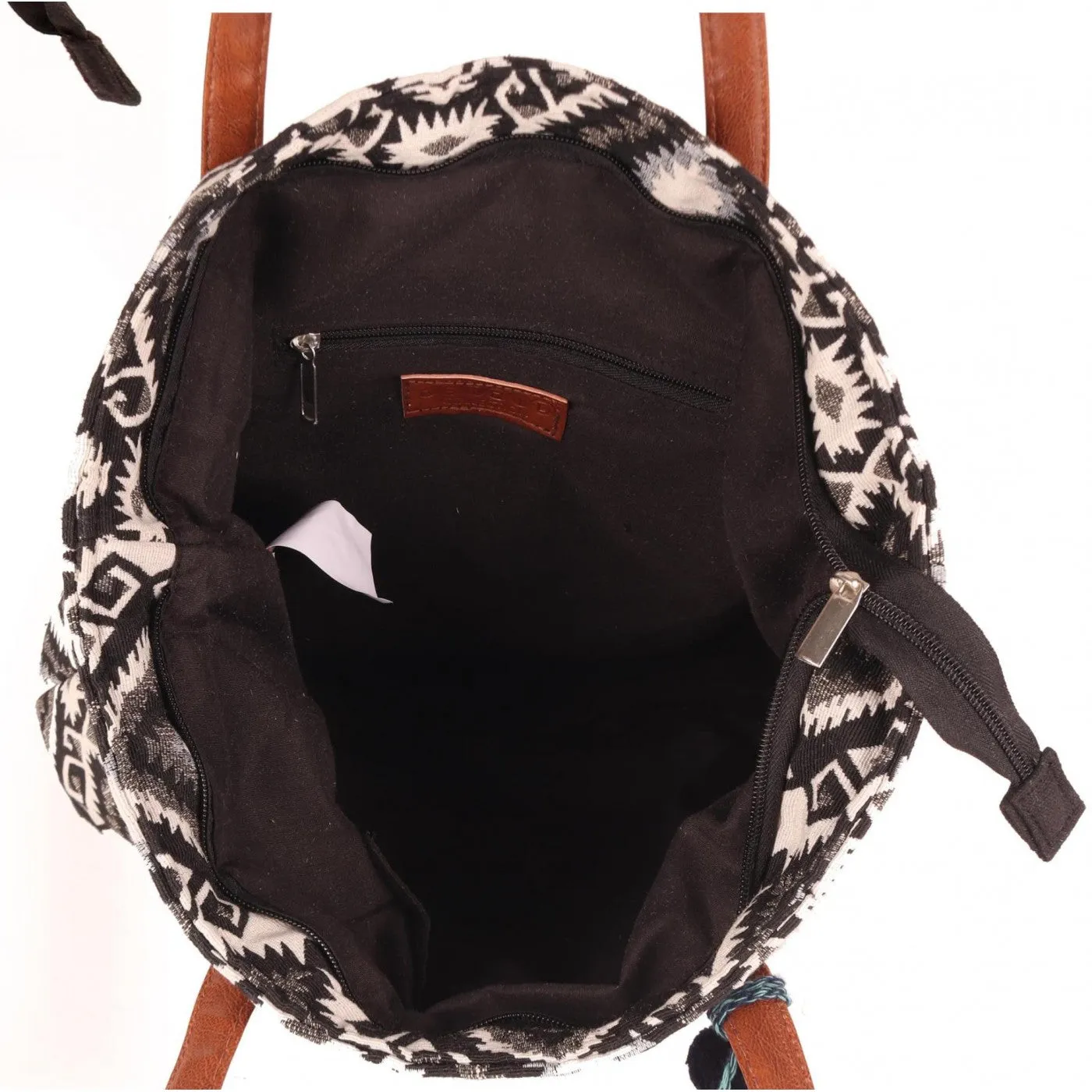 Astrid Women Black Jacquard Shopper Bag With Tassels