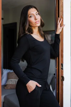 Avril Scoop Neck Long Sleeve Bamboo Top in Black