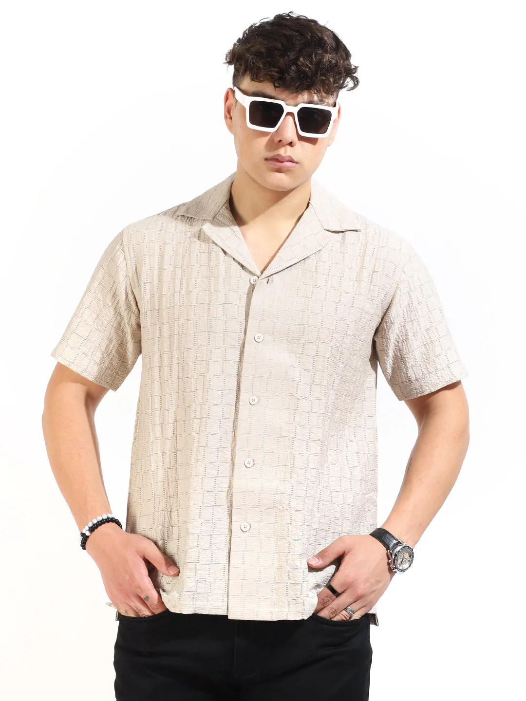 Crotchet Beige Half Sleeve Shirt