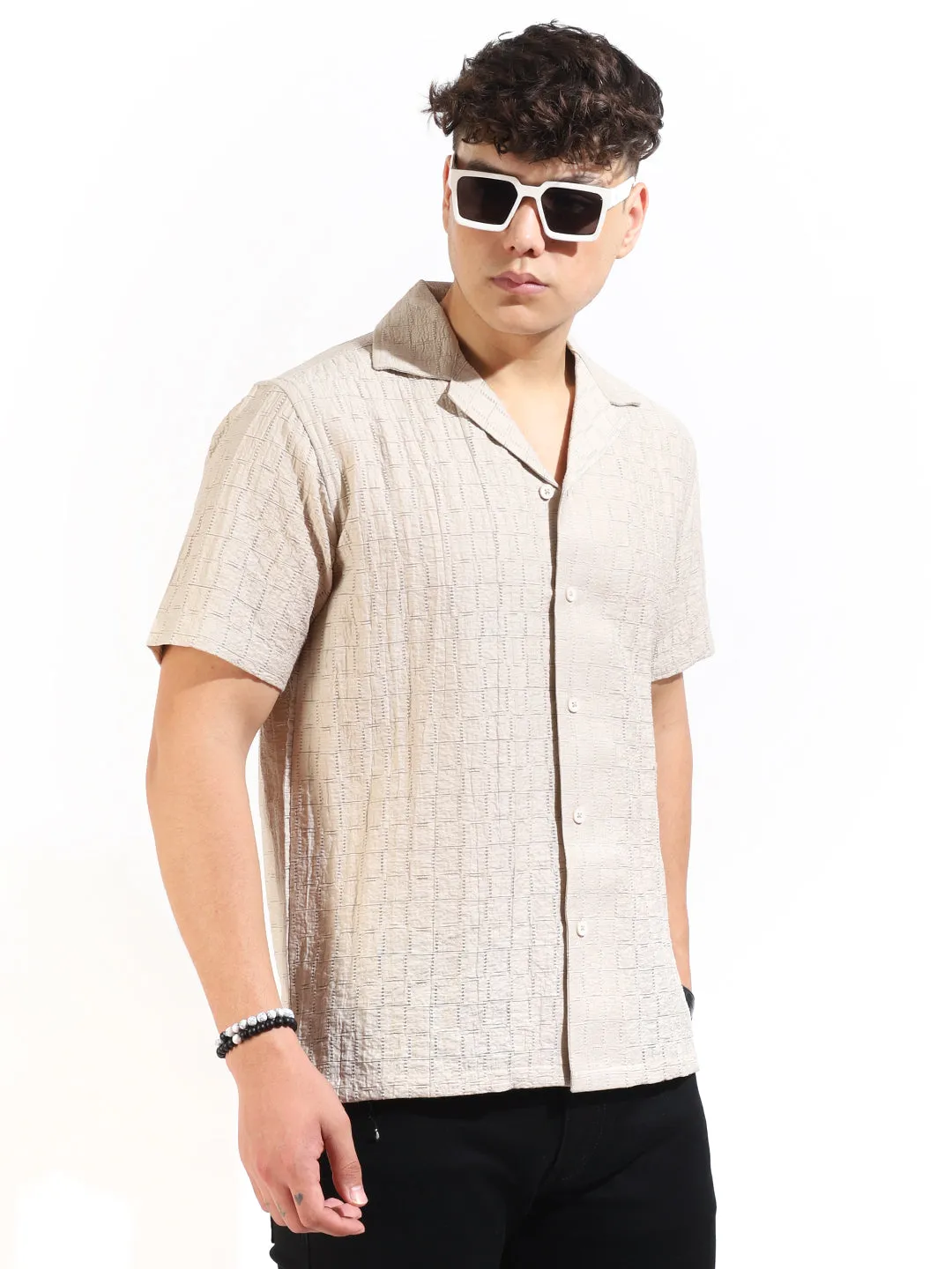 Crotchet Beige Half Sleeve Shirt