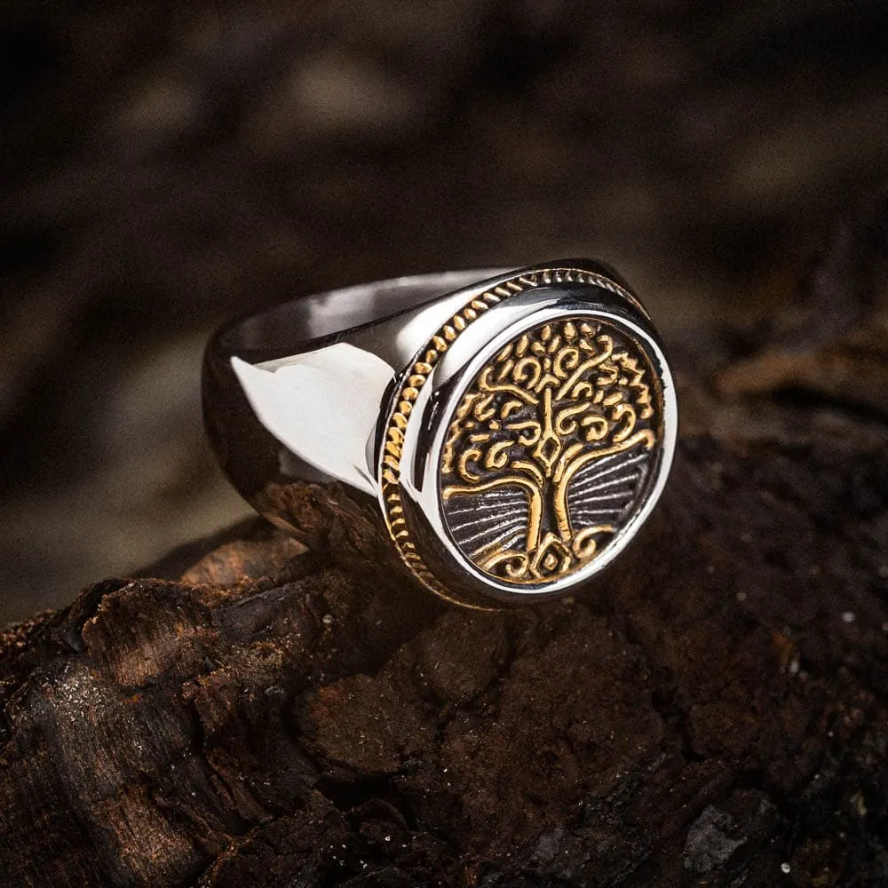 Dual Color Circular Stainless Steel Tree of Life Ring