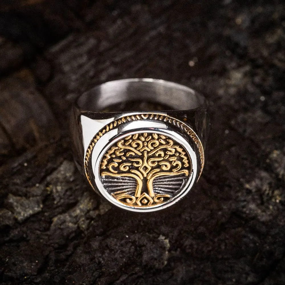Dual Color Circular Stainless Steel Tree of Life Ring
