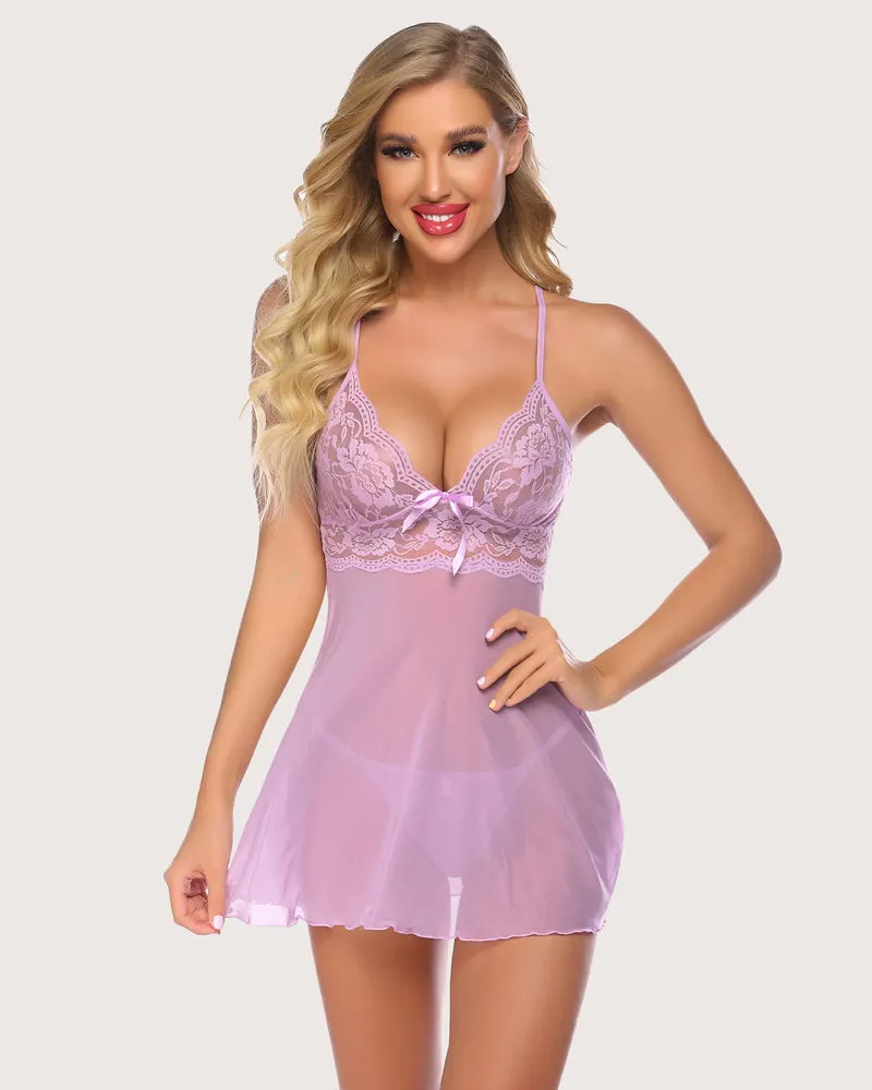 Lace Heart Print Halter V Neck Babydoll