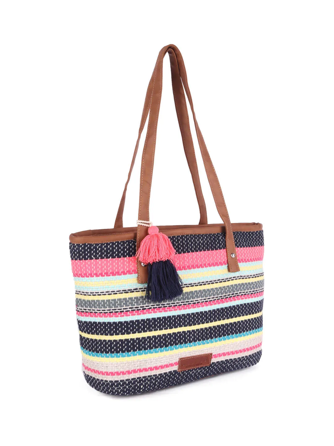 Multi Acrylic Stripe Mini Shopper Bag With Tassels