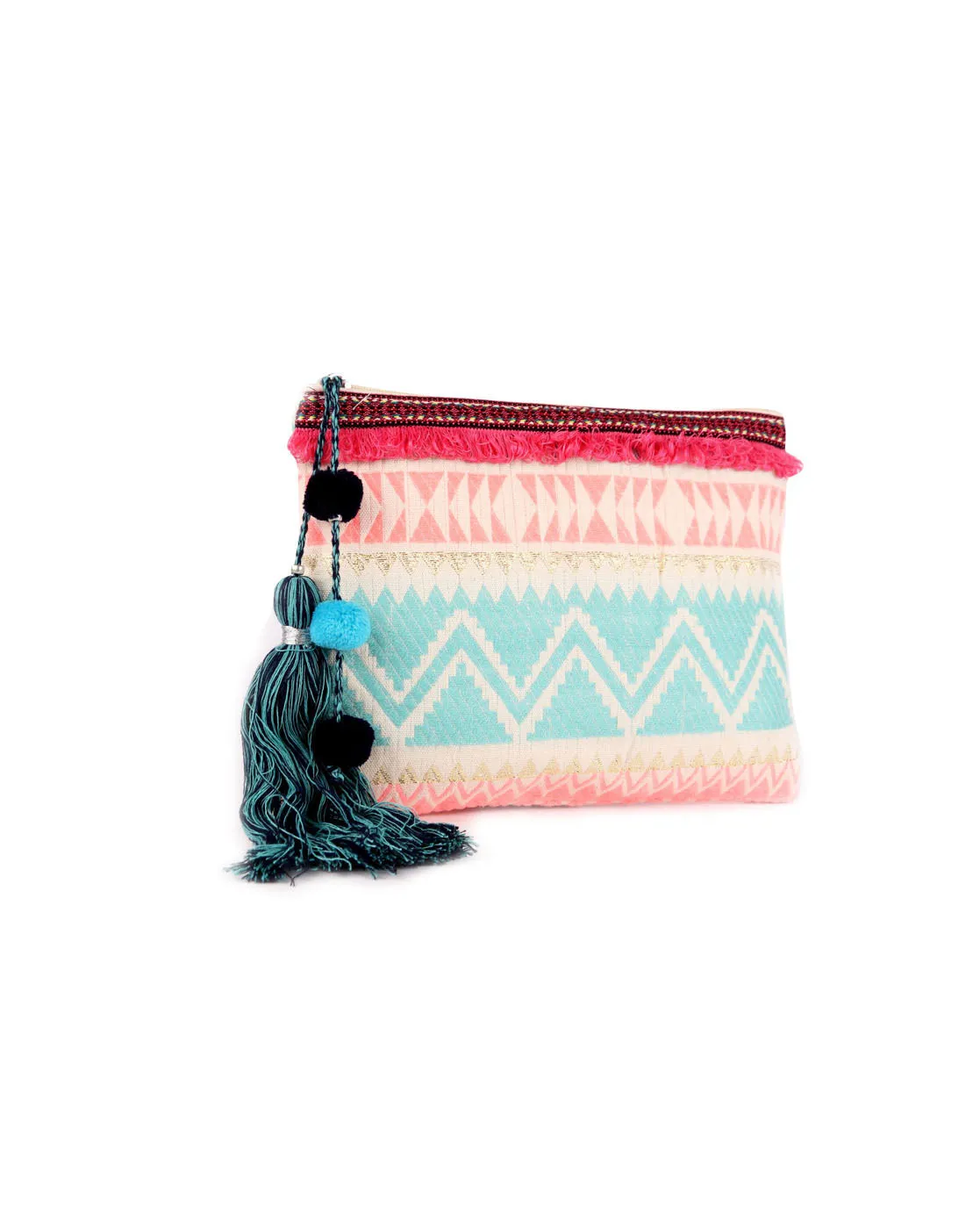 Multi Birght Pastel Woven Makeup/Travel Pouch With Tassels
