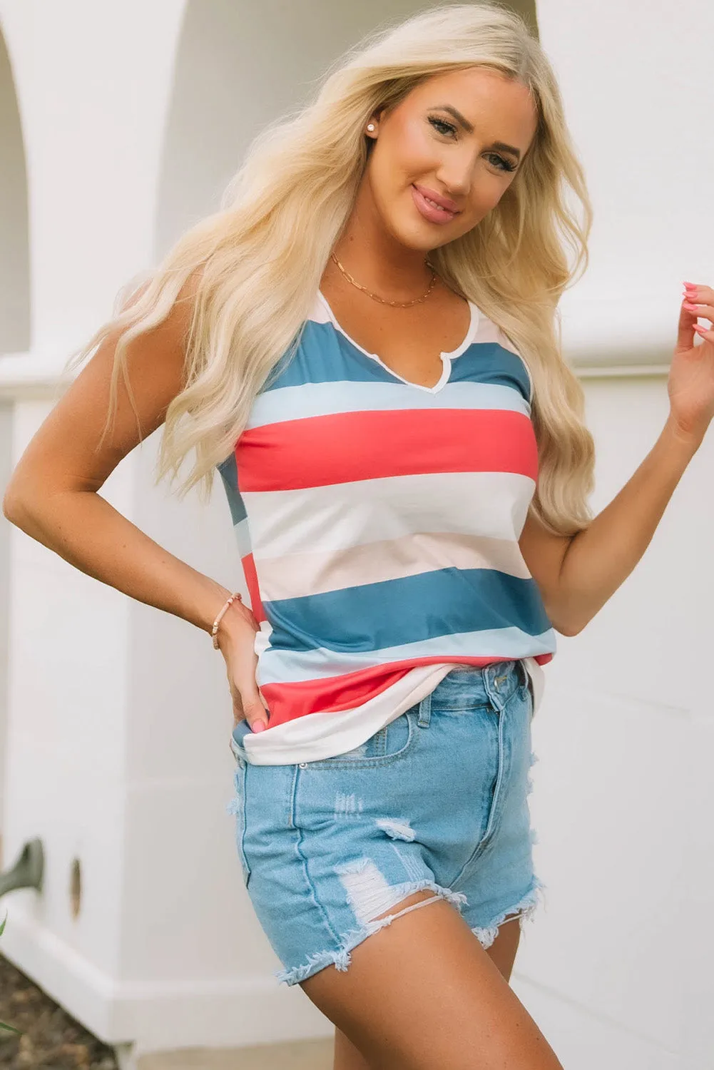 Multicolor Striped Color Block Notched Neck Tank Top
