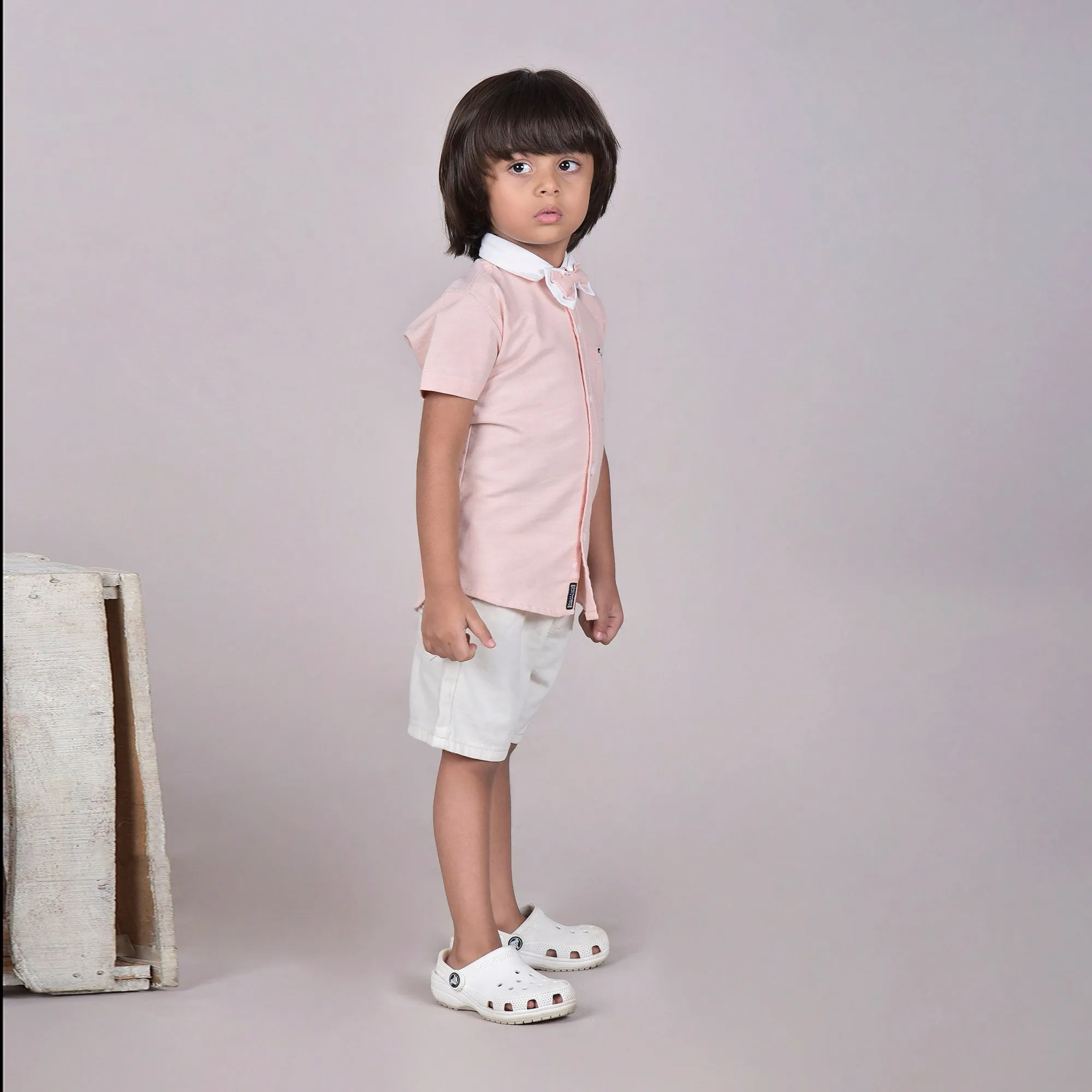 Polka Tots Half Sleeves Plain Shirt With Dual Bow Tie - Pink
