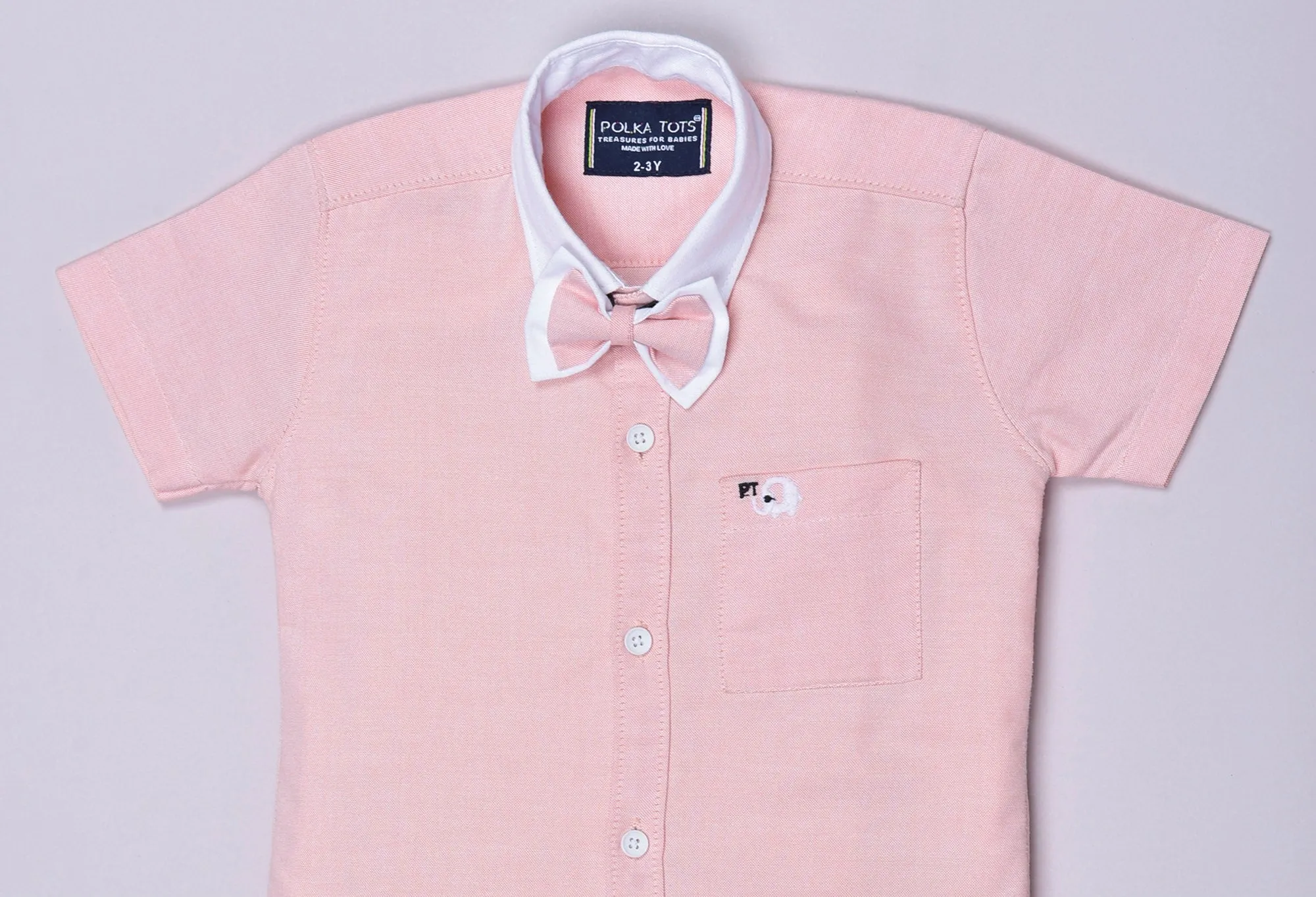 Polka Tots Half Sleeves Plain Shirt With Dual Bow Tie - Pink