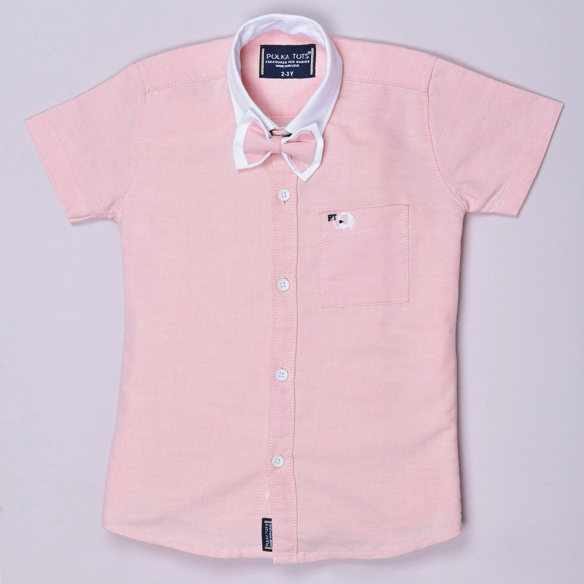 Polka Tots Half Sleeves Plain Shirt With Dual Bow Tie - Pink