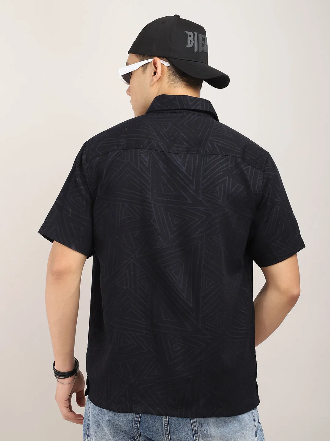 Slumberquilt Black Self-Design Half Sleeve Shirt