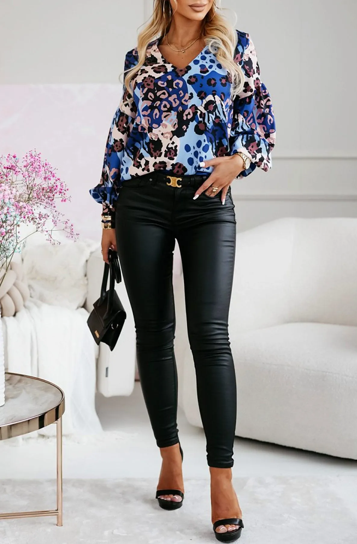 Verena Leopard Print Shirt Blouse Top-Blue