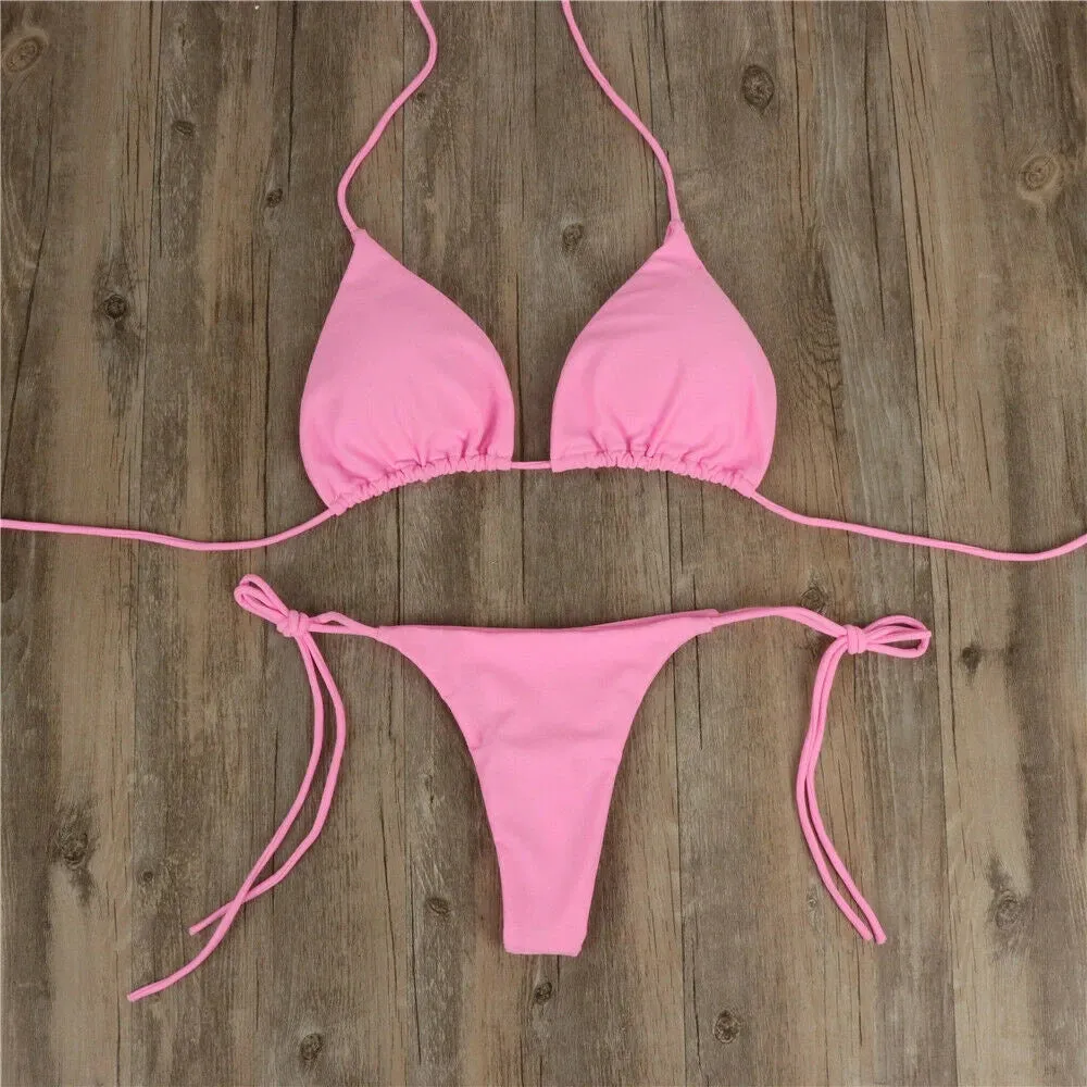 Women Sexy Hanging Neck Thong Bikini Set Side Tie Swimsuit Bandage Style Brazilian Swimwear Split Strap Female Swimsuit Set