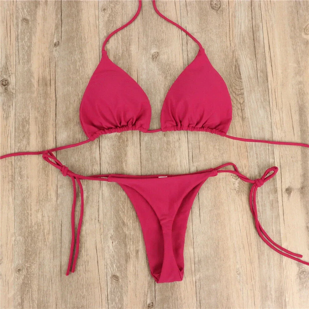 Women Sexy Hanging Neck Thong Bikini Set Side Tie Swimsuit Bandage Style Brazilian Swimwear Split Strap Female Swimsuit Set