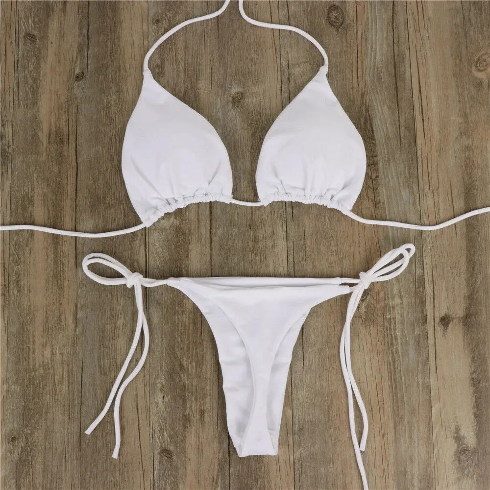 Women Sexy Hanging Neck Thong Bikini Set Side Tie Swimsuit Bandage Style Brazilian Swimwear Split Strap Female Swimsuit Set