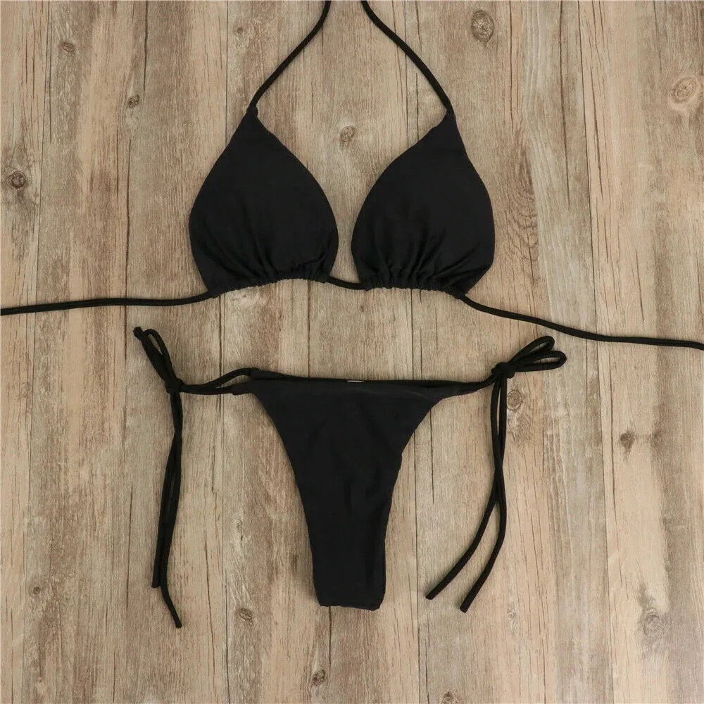 Women Sexy Hanging Neck Thong Bikini Set Side Tie Swimsuit Bandage Style Brazilian Swimwear Split Strap Female Swimsuit Set