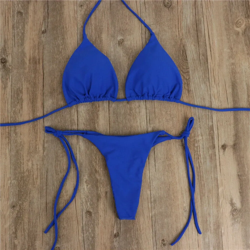 Women Sexy Hanging Neck Thong Bikini Set Side Tie Swimsuit Bandage Style Brazilian Swimwear Split Strap Female Swimsuit Set